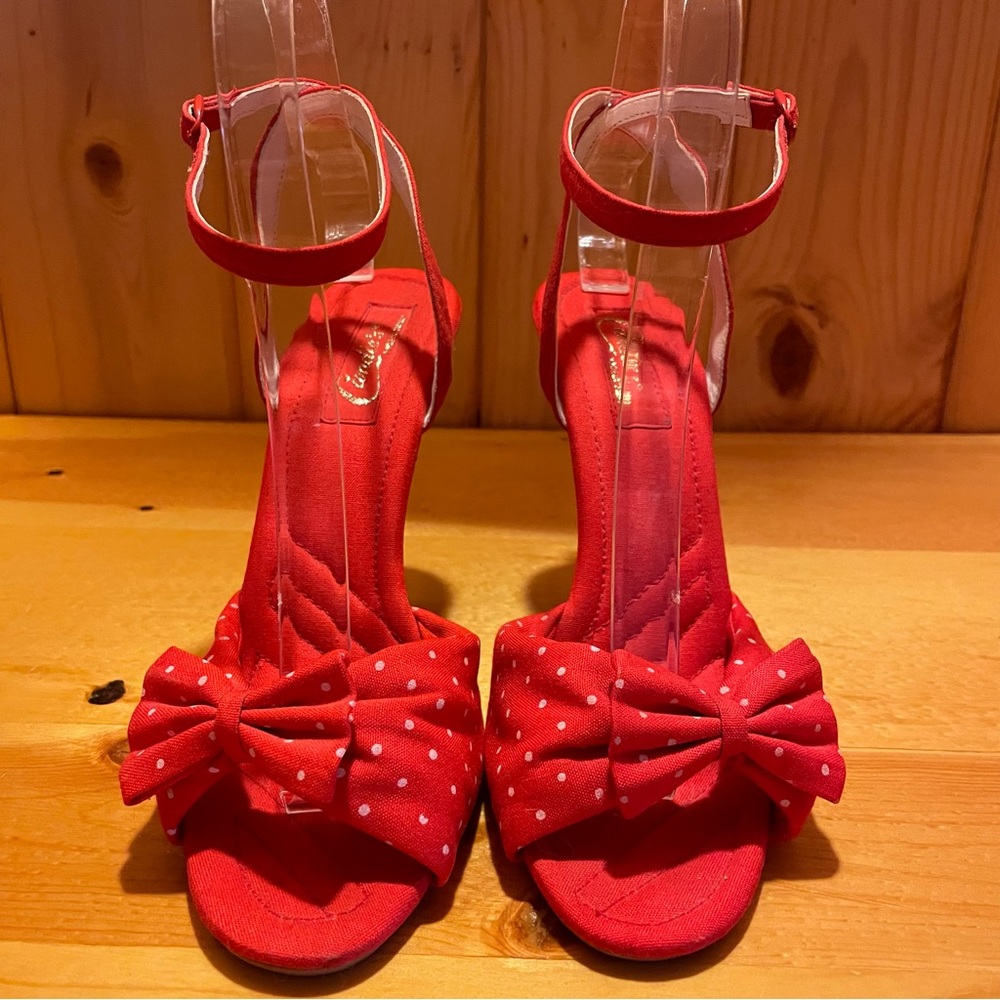 Vintage Candie's 1970s Red White Polka Dot Bow Cork High Heel Shoes Size 6 1/2~7